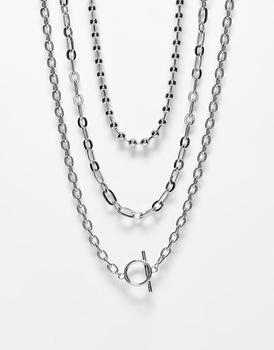 Reclaimed Vintage | Reclaimed Vintage unisex multirow necklace with T bar and ball chain in silver商品图片,7.9折×额外9.5折, 额外九五折