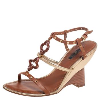 lv鞋, [二手商品] Louis Vuitton | Louis Vuitton Brown/Gold Leather Andalucia Wedge Sandals Size 37.5商品图片 9.1折, 满1件减$100, 满减