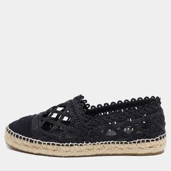 美国香奈儿鞋, Chanel | Chanel Black Woven Raffia and Grosgrain Fabric CC Cap Toe Flat Espadrilles Size 38商品图片 