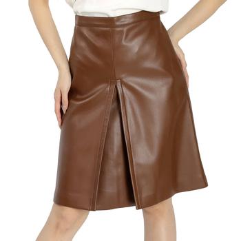 Burberry | Ladies Dark Cheshnut Box Pleated Detail Faux Leather Skirt商品图片,2.6折