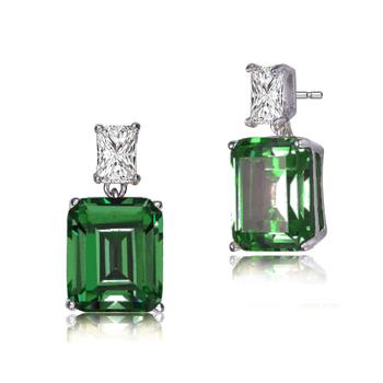 商品GENEVIVE Sterling Silver Emerald Cubic Zirconia Rectangle Stud Earrings图片