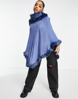 Free People | Jayley faux fur trim poncho in blue商品图片,5.5折