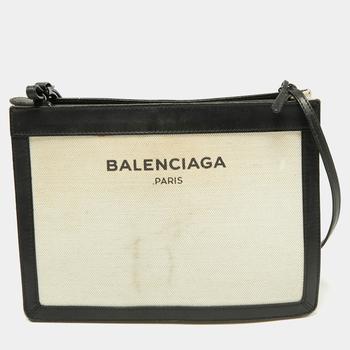 推荐Balenciaga White/Black Canvas and Leather Medium Navy Pouch Crossbody Bag商品
