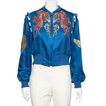 推荐Emilio Pucci Blue Embroidered Silk Zip Front Cropped Jacket M商品