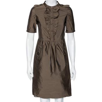 burberry短袖, [二手商品] Burberry | Burberry Olive Green Ruffle Trim Belted Short Sleeve Dress XS商品图片 2.9折