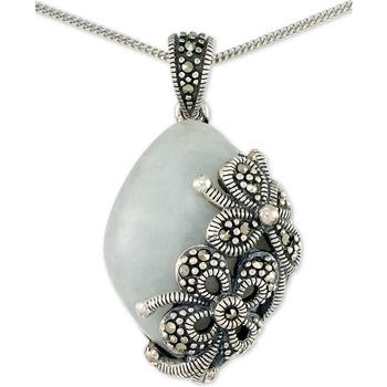 商品Jade (18 x 25 x 5mm) & Marcasite Floral 18" Pendant Necklace in Sterling Silver图片