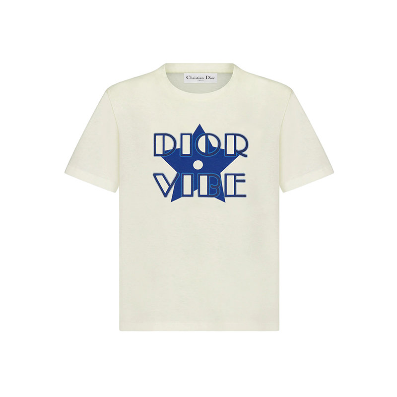 Dior | 【预售3-7天】DIOR/迪奥 22年春夏新款 VIBE系列 女士米白色和荧光蓝色棉质和亚麻混纺星星Logo短袖T恤223T19A4497_X5882商品图片,7.9折, 包邮包税