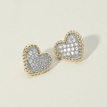FASHNZFAB | 14K Gold Plated Two Tone CZ Stone Paved Heart Stud Earrings - Two Tone,商家Premium Outlets,价格¥236
