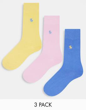 推荐Polo Ralph Lauren 3 pack socks in pink, blue and yellow with logo商品