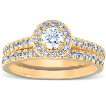 1Ct Halo Lab Grown Diamond Engagement Matching Wedding Ring Set 14k Yellow Gold