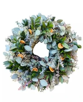 GreenishBlu | Eucalyptus, Ruscus, Baby Blue Eucalyptus and Oranges Fresh Spring Wreath, 20",商家Macy's,价格¥666