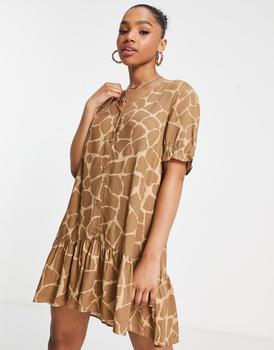 Monki button through mini dress in brown giraffe print product img