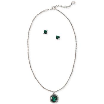 Charter Club | Silver-Tone Pavé & Emerald-Cut Stone Halo Pendant Necklace & Stud Earrings Set, Created for Macy's商品图片,3折