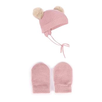 推荐Pom poms ribbed winter hat and mitts set in powder pink商品