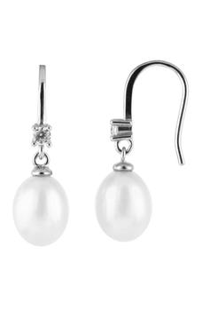 Splendid Pearls | Sterling Silver CZ 7.5-8mm Freshwater Pearl Drop Earrings商品图片,