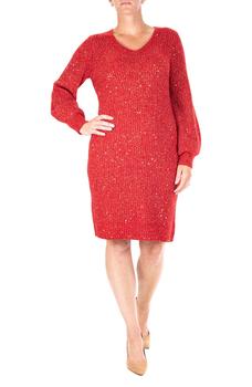 Nina Leonard | Mixed Sequin Balloon Sleeve Sweater Dress商品图片,4.9折