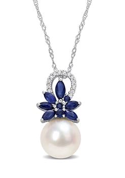 商品9.5-10mm Cultured Freshwater Pearl and 3/8 CT TGW Sapphire and and Diamond Accent Flower Pendant with Chain in 14k White Gold图片