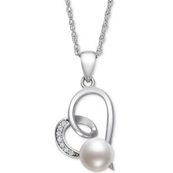 Belle de Mer | Cultured Freshwater Button Pearl (6mm) & Cubic Zirconia Heart 18" Pendant Necklace in Sterling Silver商品图片,2.5折