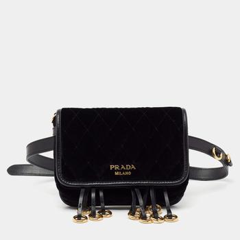 商品Prada Black Velvet and Leather Corsaire Chain Belt Bag图片