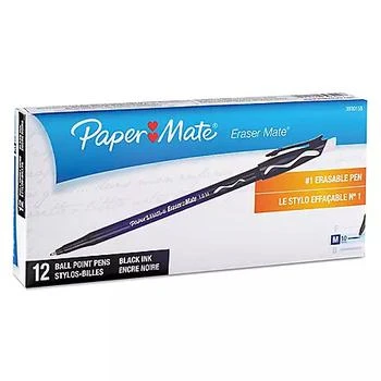 Paper Mate | Paper Mate - Eraser Mate Ballpoint Stick Erasable Pen, Black Ink, Medium -  Dozen,商家Sam's Club,价格¥62