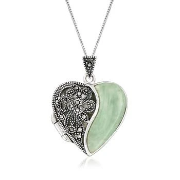 Ross-Simons Jade and Marcasite Heart Locket Necklace in Sterling Silver