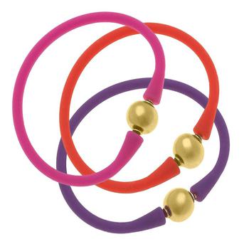商品Bali 24K Gold Silicone Bracelet Stack of 3 In Magenta, Orange & Purple,商家Verishop,价格¥541图片