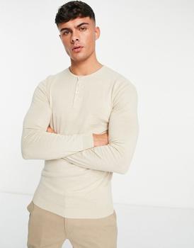 ASOS | ASOS DESIGN knitted cotton jumper with grandad neck in oatmeal商品图片,