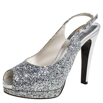 stuart weitzman凉鞋推荐, [二手商品] Stuart Weitzman | Stuart Weitzman Silver Coarse Glitter Peep Toe Slingback Sandals Size 39商品图片 4.4折