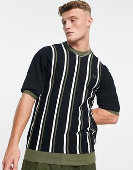 Fred Perry | Fred Perry stripe knitted ringer t-shirt in black商品图片,