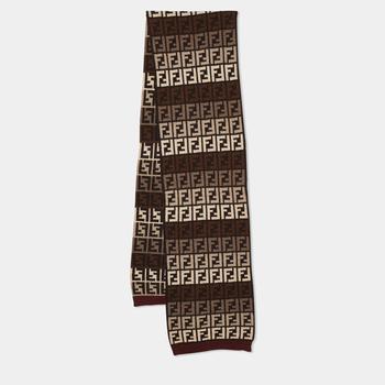 芬迪围巾是什么牌子, [二手商品] Fendi | Fendi Brown Zucca Intarsia Knit Wool Blend Scarf商品图片 