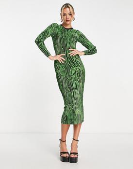 River Island | River Island zebra plisse midi dress in green商品图片,
