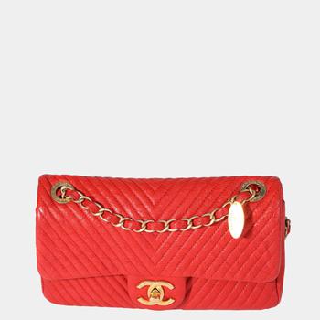 香奈儿包图片, [二手商品] Chanel | Chanel Red Chevron Wrinkled Leather Mini Rectangular Medallion Flap Bag商品图片 8.8折