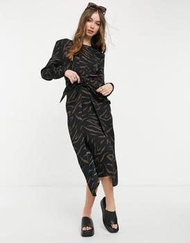 product & Other Stories long sleeve midi tie waist dress in multi image