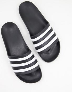 阿迪达斯拖鞋经典款, Adidas | adidas Swim Adilette white stripe sliders in black商品图片 