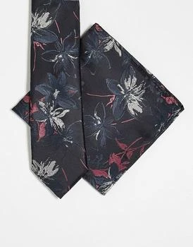 ASOS | ASOS DESIGN slim tie and pocket square in dark based floral 5.6折, 独家减免邮费