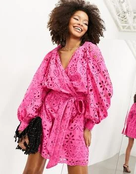 ASOS | ASOS EDITION broderie wrap belted mini dress in bright pink 6.5折, 独家减免邮费
