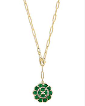 商品Emerald & Diamond Medallion Pendant Necklace in 14K Yellow Gold, 18"图片