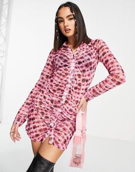 product The Ragged Priest mini button front ruched dress in retro eye print image