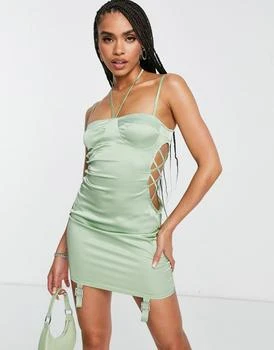 AsYou | ASYOU bust cup lace up mini dress with garter detail in sage 3.1折