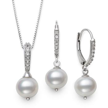Belle de Mer | 2-Pc. Set Cultured Freshwater Pearl (7-1/2mm) & Cubic Zirconia Pendant Necklace & Matching Drop Earrings in Sterling Silver商品图片,2.5折