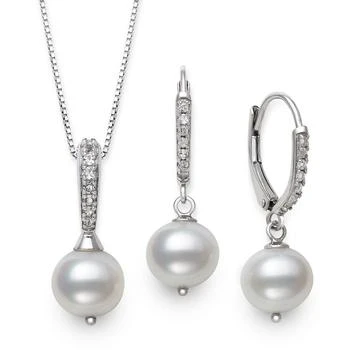Belle de Mer | 2-Pc. Set Cultured Freshwater Pearl (7-1/2mm) & Cubic Zirconia Pendant Necklace & Matching Drop Earrings in Sterling Silver 独家减免邮费