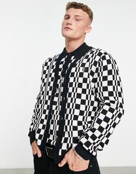 Fred Perry | Fred Perry checkerboard knit cardigan in black商品图片,6折