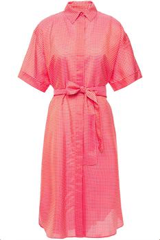 推荐Belted Gingham Organza Shirt Dress - Pink Gingham商品