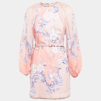 Zimmermann Pink Swirl Floral Print Linen Shell Detail Postcard Mini Dress L