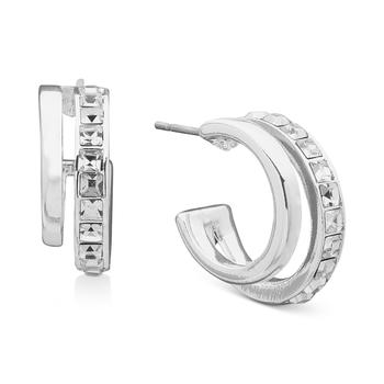 Anne Klein | Silver-Tone Square Crystal Small Double Hoop Earrings, 0.67"商品图片,