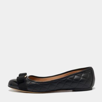 菲拉格慕芭蕾鞋, [二手商品] Salvatore Ferragamo | Salvatore Ferragamo Black Leather and Patent Cap-Toe Vara Bow Ballet Flats Size 38.5商品图片 5.3折
