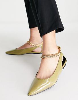 ASOS | ASOS DESIGN Lookout ballet flats with ankle chain in green patent商品图片,5.5折×额外8.5折, 额外八五折