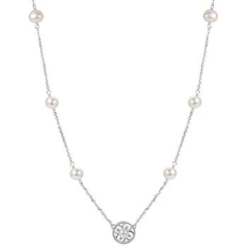 Macy's | Cultured Freshwater Pearl (5 - 6-1/2mm) & Lab-Created White Sapphire (1/20 ct. t.w.) Flower 18" Pendant Necklace in Sterling Silver,商家Macy's,价格¥983
