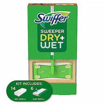 商品Swiffer Sweeper Dry + Wet Sweeping Kit (1 Sweeper, 14 Dry Cloths, 6 Wet Cloths)图片
