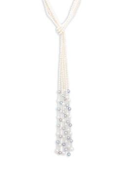 推荐3-9MM White & Gray Semi-Round Freshwater Pearl & 14K Yellow Gold Lariat Necklace商品
